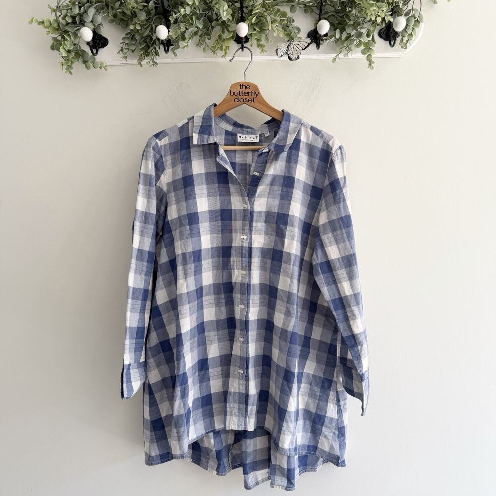 Habitat Blue Plaid Rectangle Button Down Tunic Small 10-6069